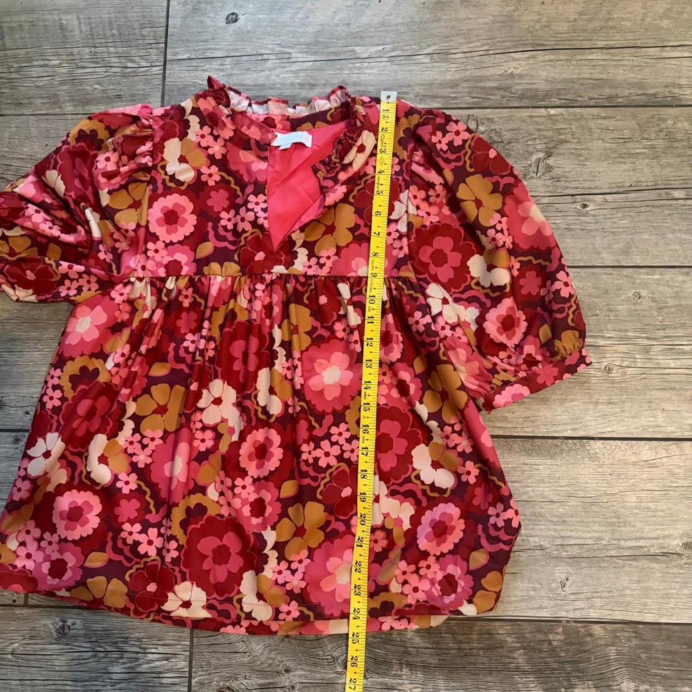 Sugarlips Pink Floral Babydoll Blouse Ruffle Split Neck Puff Sleeve Top STT16780 - Picture 8 of 9